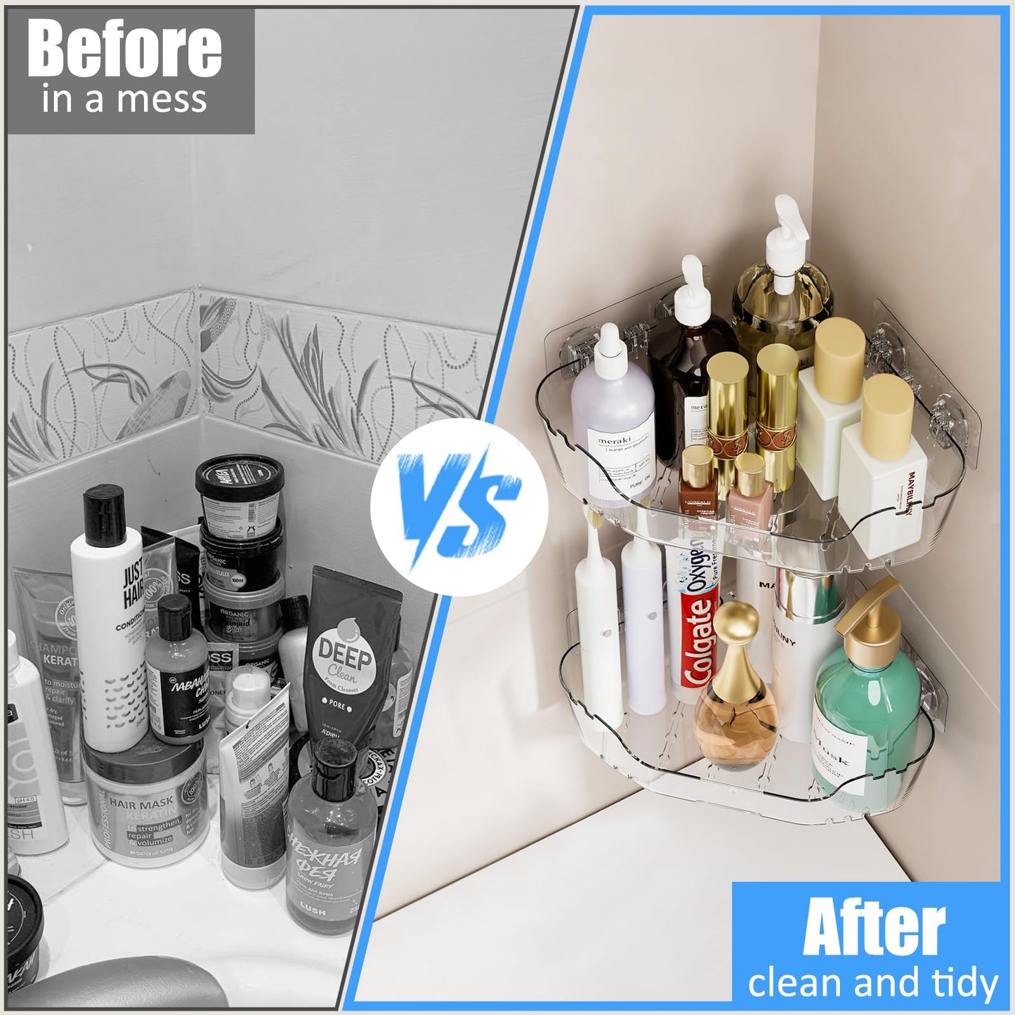 EEKEDO Corner Shower Caddy, 2 Pack Clear Acrylic Corner Shower Shelves Adhesive No Drilling Wall Mounted Shower Rack with Hooks for Bathroom Shampoo Organizer Kitchen Holder