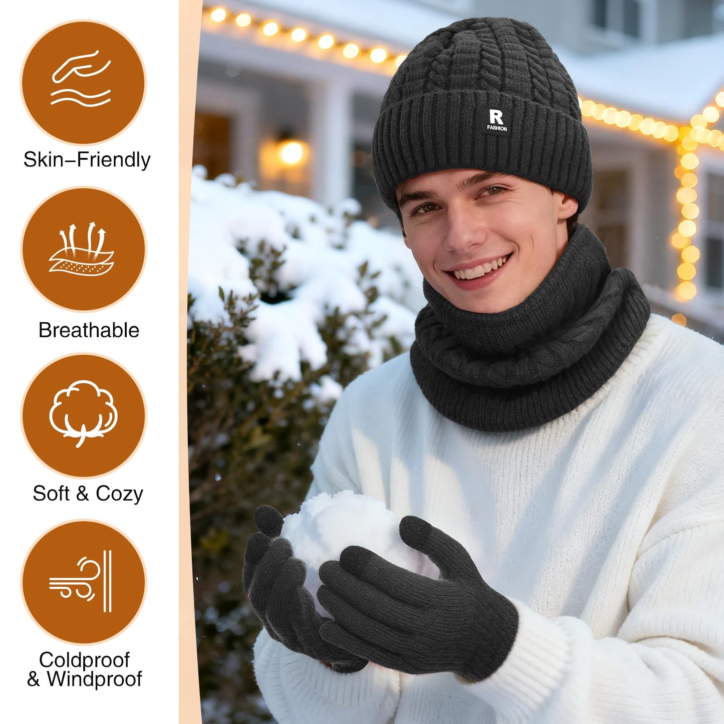 Winter Beanie Hat Scarf Gloves Set for Men Women, Warm Winter Clothes for Men, Slouchy Fleece Lined Mens Hats Skull Cap, Knit Scarf Neck Warmer Touchscreen Gloves for Men Women
