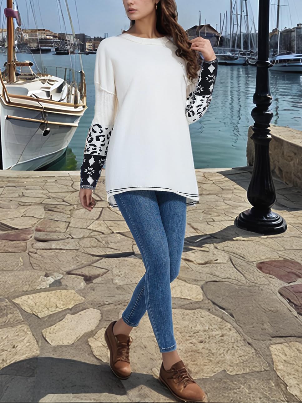 hathne Oversized Sweaters Pullover for Women Leopard Printed Cuff Casual Long Sleeve Knit Tops(Beige,L)