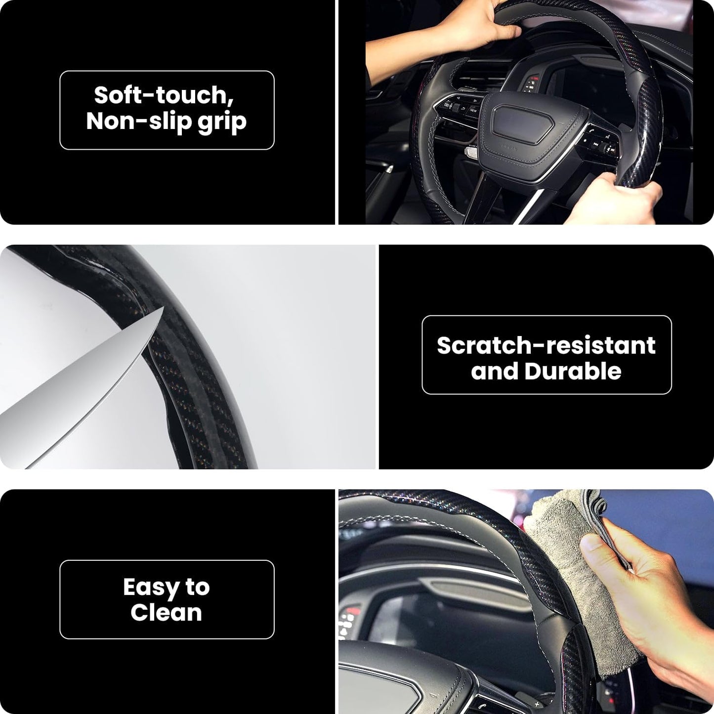 Hiseanllo Carbon Fiber Steering Wheel Cover 3PCS Set – Anti-Slip, Scratch-Resistant, Universal Fit for 14–16 Inch Wheels – Interior Car Accessories for Cars, SUVs, Trucks (Black)