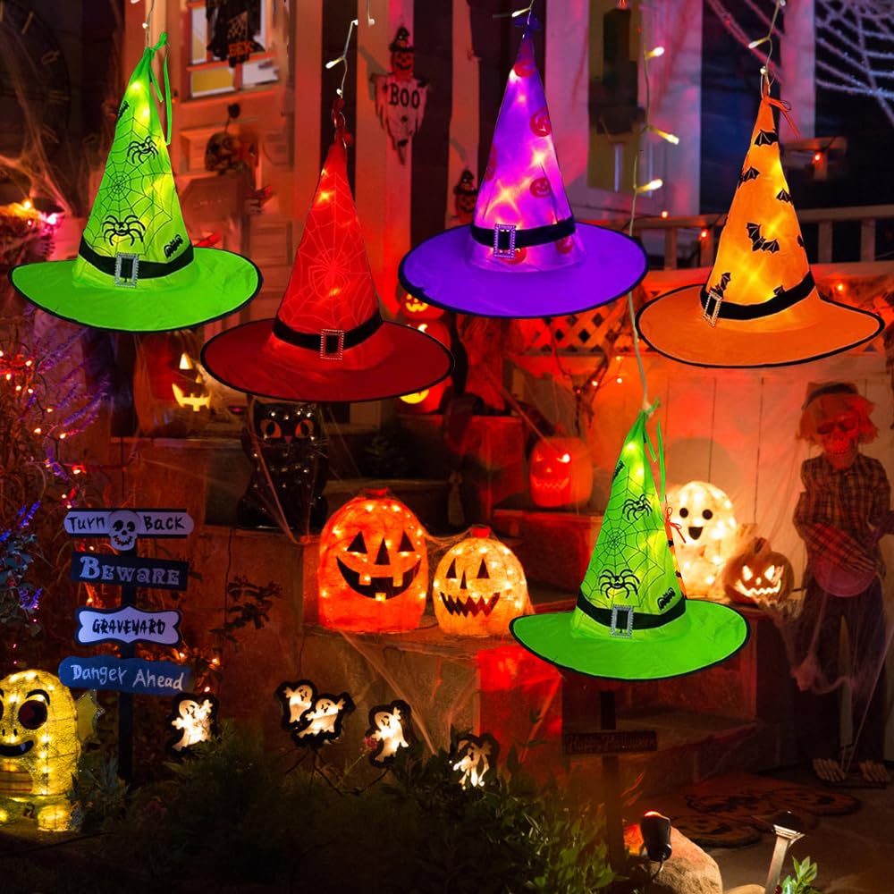 Halloween Witch Hat Lights Decoration Outdoor, 8pcs Hanging Witch Hat Light