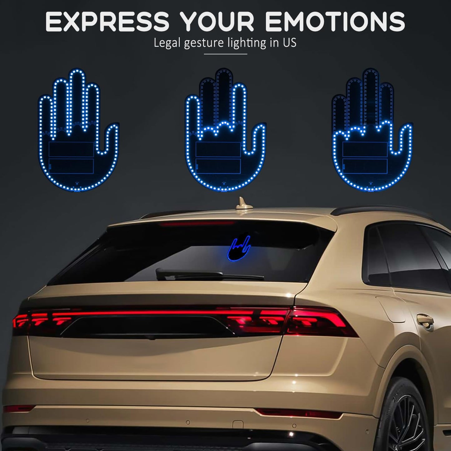 ISUNMEA LED Gesture Car Lights with Remote Control and Stereoscopic Appearance for Car, Rechargeable Finger Decorative Car Lights (Blue)