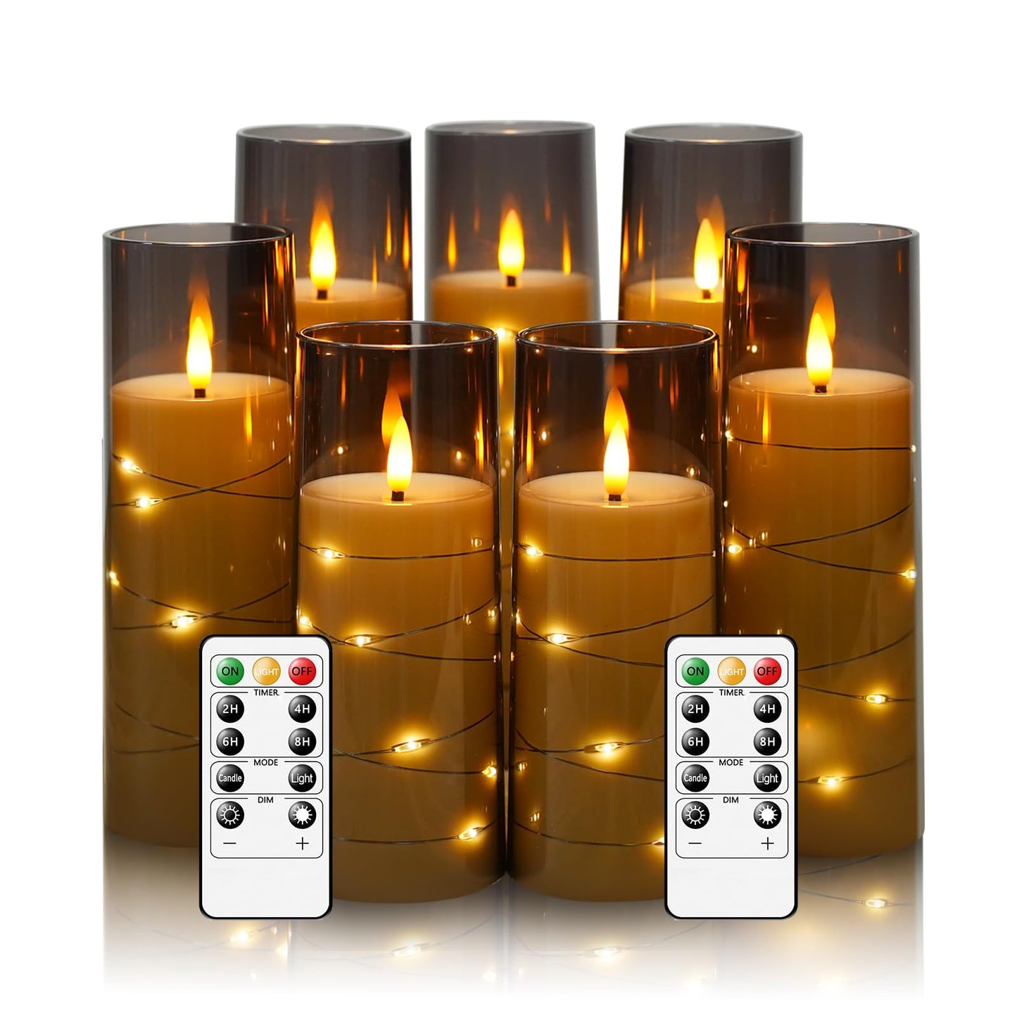 Eebuss Flameless Candles with Embedded Star String, Battery Operated LED Pillar Candles with Timer and Remote Control,Home Decorating for Ambiance， Set of 7(Grey)