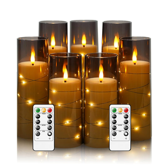 Eebuss Flameless Candles with Embedded Star String, Battery Operated LED Pillar Candles with Timer and Remote Control,Home Decorating for Ambiance， Set of 7(Grey)