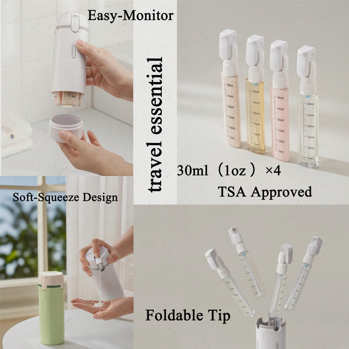 PIQOLA 4 in 1 Travel Dispenser Bottle, Leak Proof Refillable Travel Toiletry Containers, Travel Bottles Set Meets TSA 3-1-1 Requirements for about 3 Days Business Trip (Per Person), 4 x 30ml, White