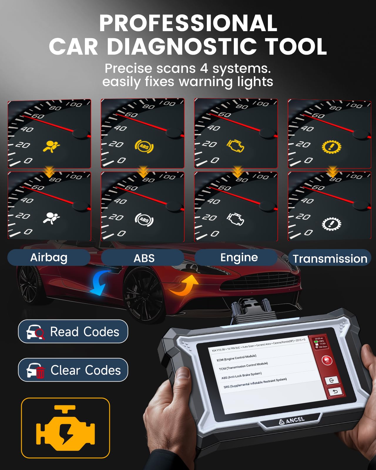 ANCEL DS100 OBD2 Scanner - ABS, SRS, Transmission & Check Engine Code Reader with 7 Reset, Oil/Brake/BMS/SAS/ETS Reset, ABS Auto Bleeding, Gear Learning, Lifetime Free Update, Online Customer Service