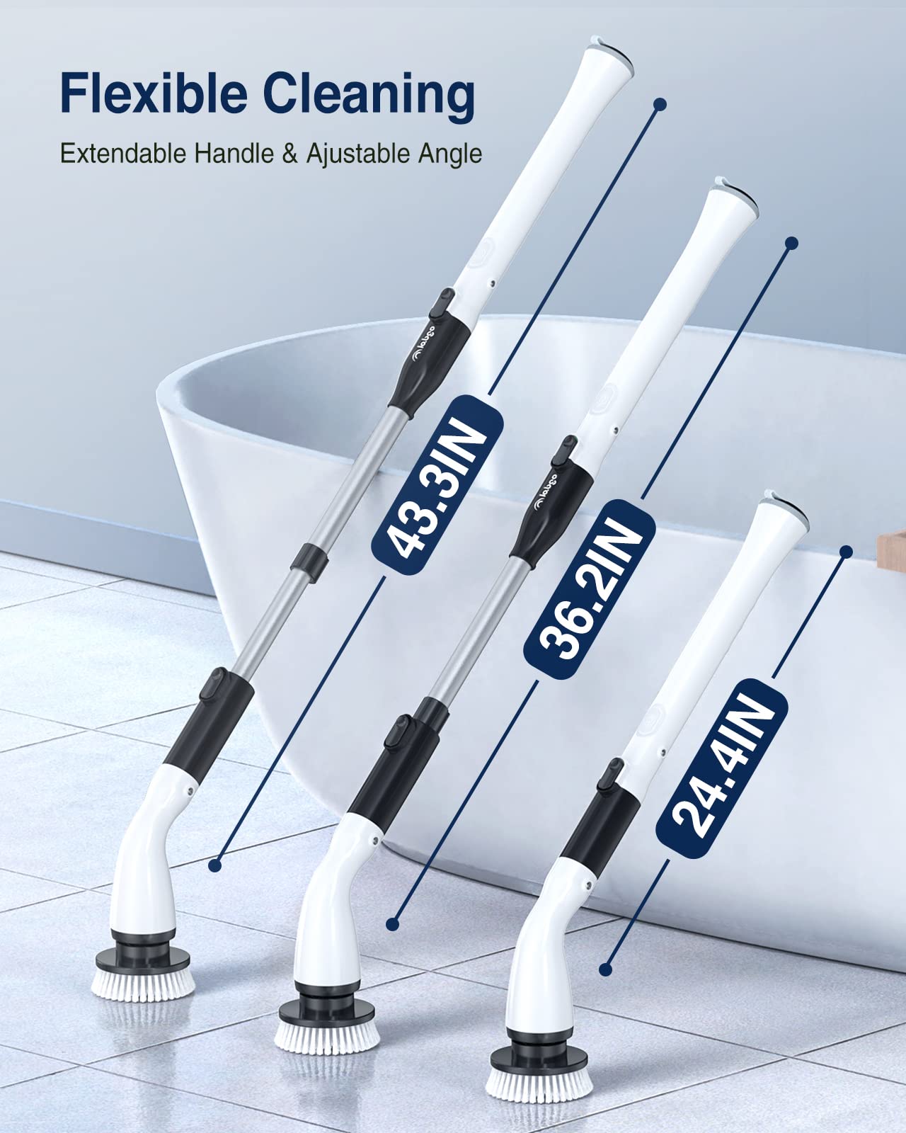 LABIGO Electric Spin Scrubber LA1 Pro, Cordless Spin Scrubber with 4 Replaceable Brush Heads and Adjustable Size Extension Handle Power Full Cleaning Brush for Bathroom Floor (Deep Black)