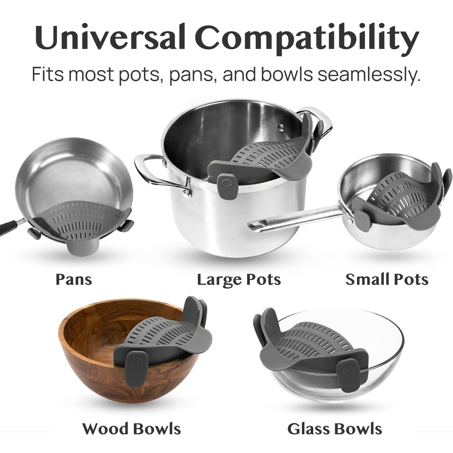 Kitchen Gizmo Snap N' Strain - Silicone Pasta Strainer Clip-On for Pots and Pans - Heat Resistant Colander for Vegetables and Noodles - Kitchen Gadgets for Cooking - Space-Saving Design - Gray