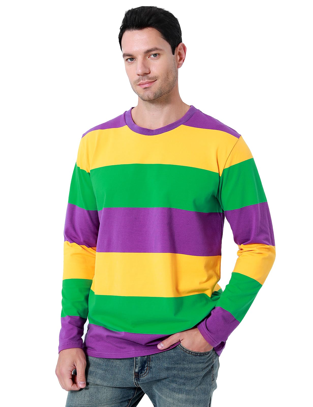 Funny World Mens Mardi Gras Shirt Purple Gold Green Striped Shirt Long Sleeve Holiday T Shirts, X-Large