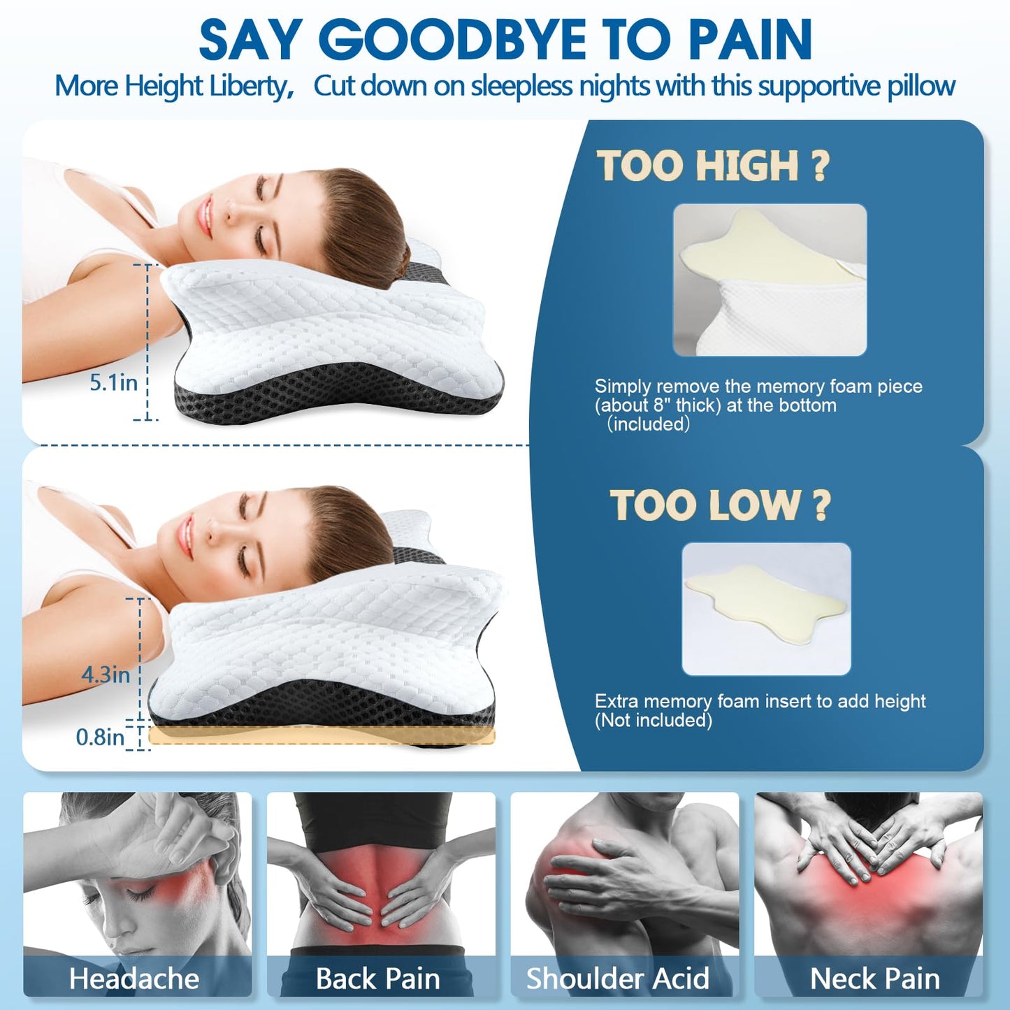 CHxxy Memory Foam Pillows, Cervical Pillow for Neck and Shoulder Pain Relief, Ergonomic Contour Bed Pillow, Soft for Side Sleep Stomach Sleeping and Back Sleeper