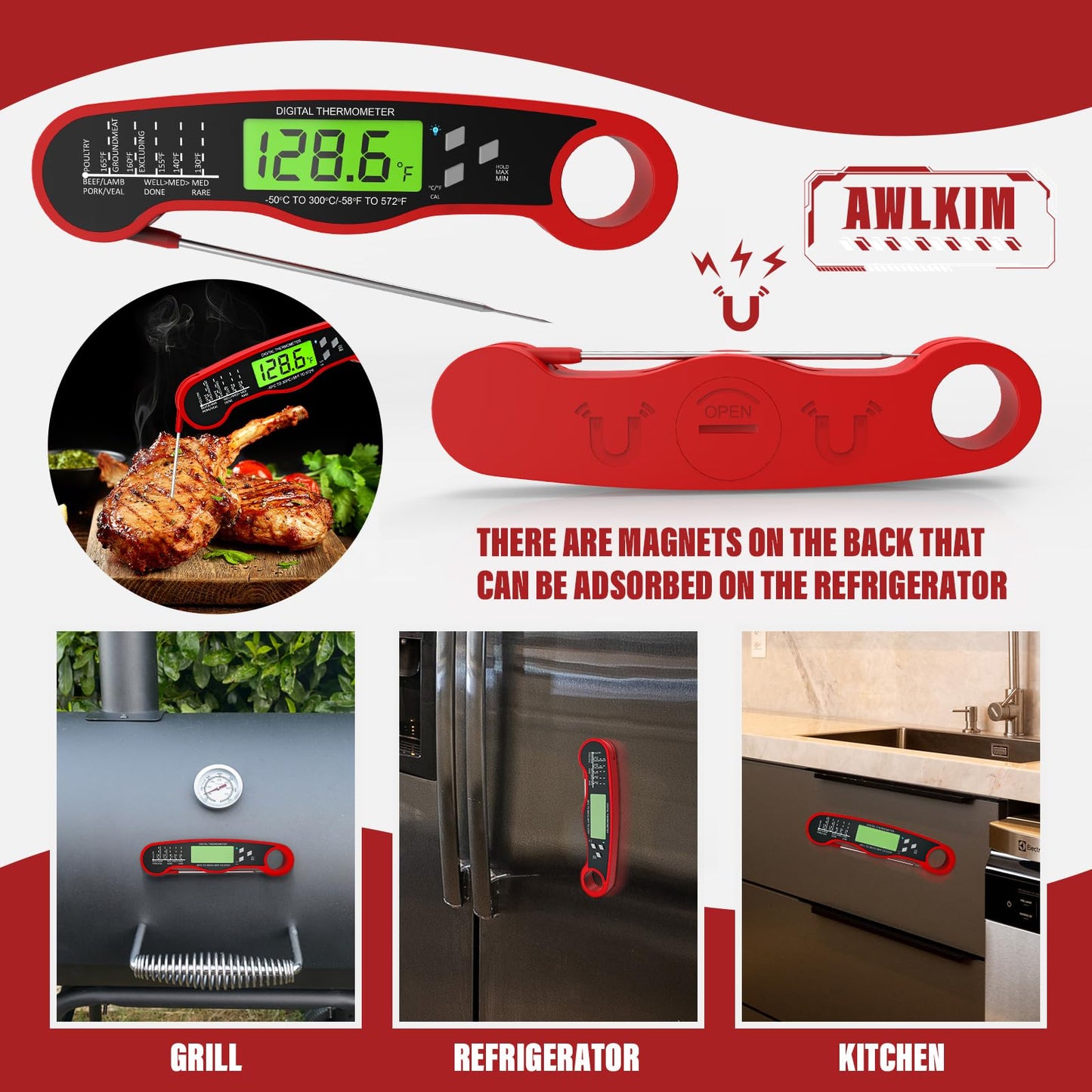 AWLKIM Meat Thermometer Digital - Instant Read Waterproof Food Thermometer with Backlight for Cooking, Grill, Candy, Kitchen & Stocking Stuffers for Men - Red