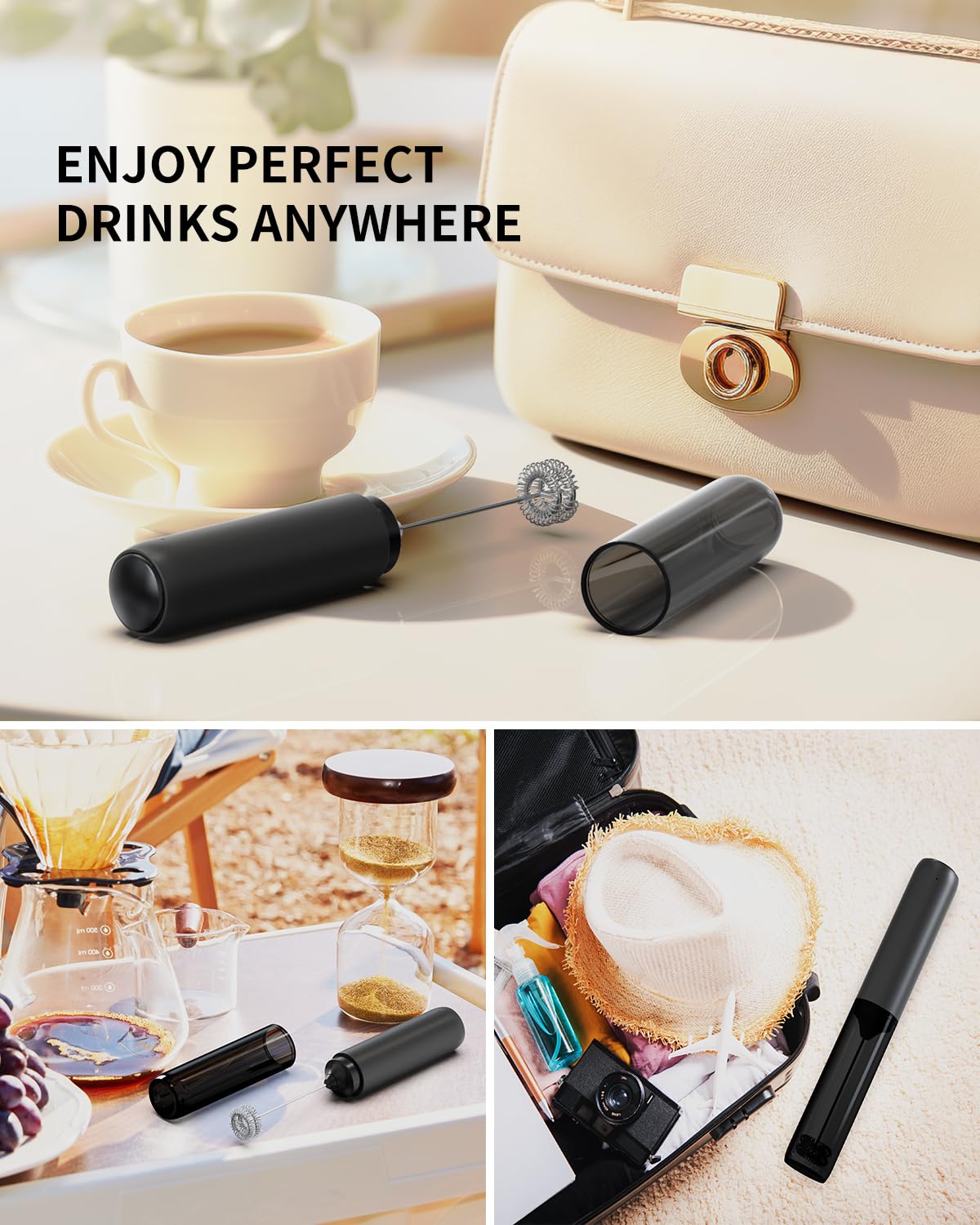 CIRCLE JOY Rechargeable Milk Frother Hanheld, Dual Coil Whisk Head Electric Coffee Frother, Portable Hand Frother Wand Drink Mixer for Matcha Lattes Cappuccino, Kitchen Gifts, Black