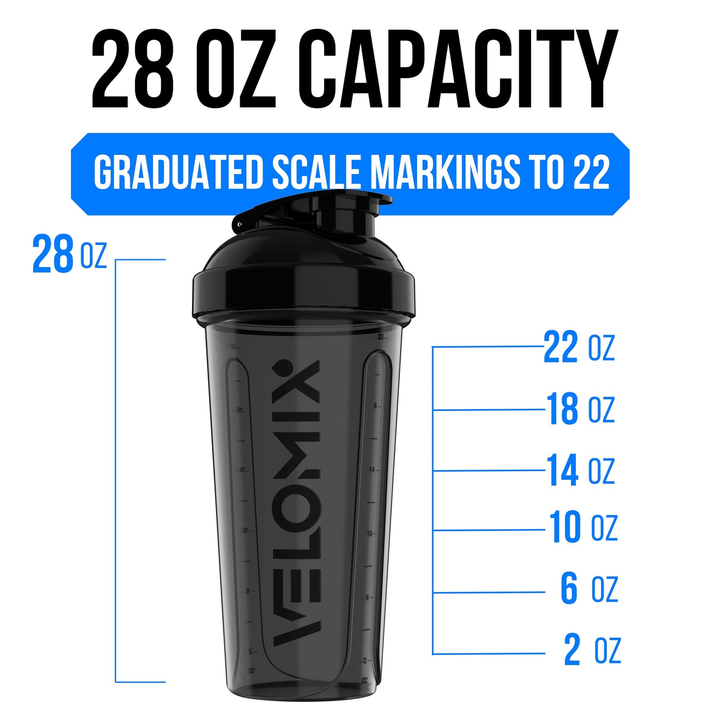 VELOMIX -2 Pack- 28 oz Protein Shaker Bottles for Protein Mixes - 2x Wire Whisk | Leak Proof Shaker Cups for Protein Shakes | Protein Shaker Bottle Pack (Black/Transparent)