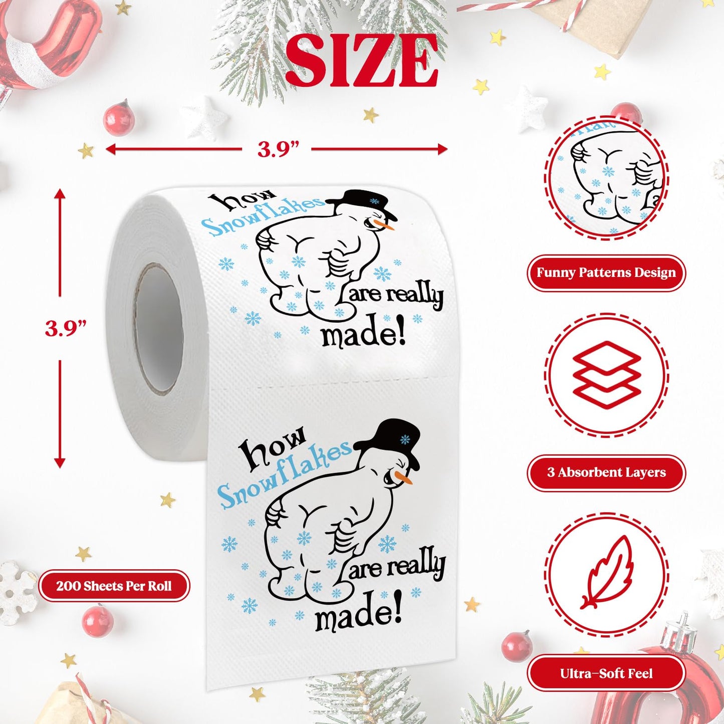 Funny Christmas Toilet Papers, Christmas Bathroom Decorations, 200 Sheets Holiday Toilet Papers, Novelty White Elephant Gag Gifts for Men Women, Xmas Stocking Stuffers Party Decor Supplies