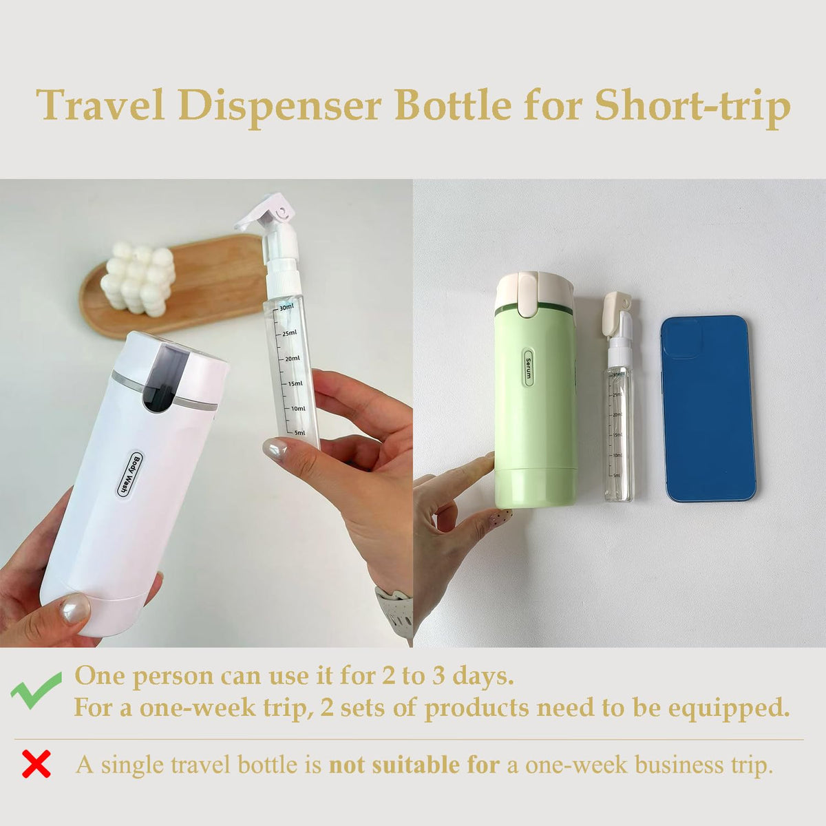 PIQOLA 4 in 1 Travel Dispenser Bottle, Leak Proof Refillable Travel Toiletry Containers, Travel Bottles Set Meets TSA 3-1-1 Requirements for about 3 Days Business Trip (Per Person), 4 x 30ml, White