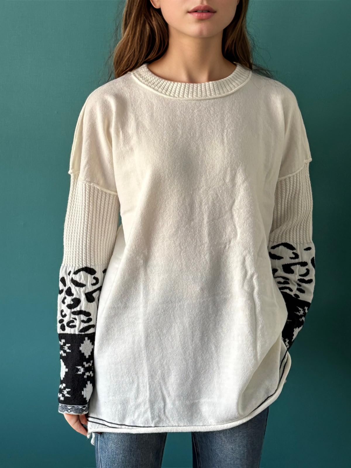 hathne Oversized Sweaters Pullover for Women Leopard Printed Cuff Casual Long Sleeve Knit Tops(Beige,L)