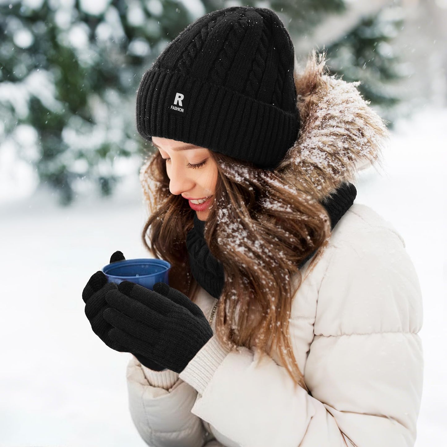 Winter Beanie Hat Scarf Gloves Set for Men Women, Warm Winter Clothes for Men, Slouchy Fleece Lined Mens Hats Skull Cap, Knit Scarf Neck Warmer Touchscreen Gloves for Men Women