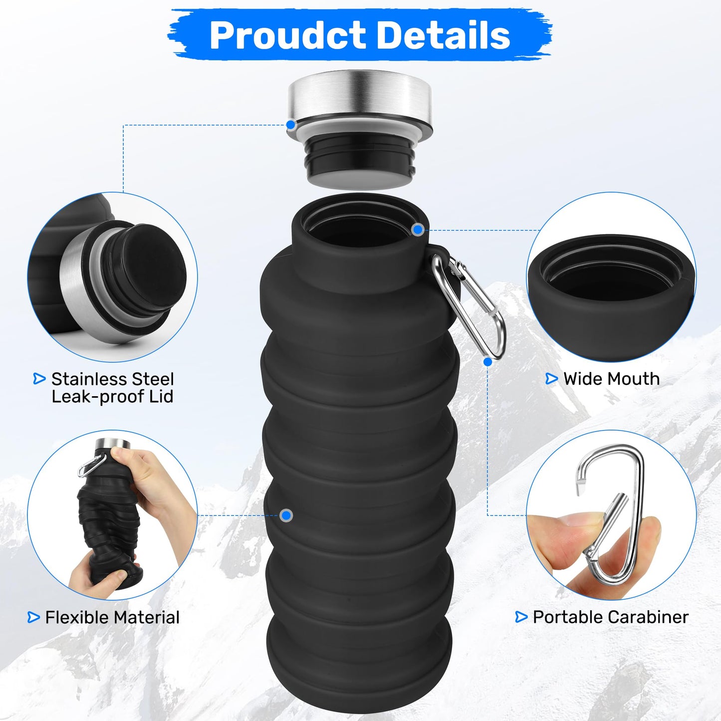 Rotayi Collapsible Water Bottle, 16oz Portable Reusable Silicone Water Bottle, BPA-Free Leak-Proof Foldable Design with Carabiner, Lightweight Durable for Gym, Travel, Camping, Hiking, Sports-Black