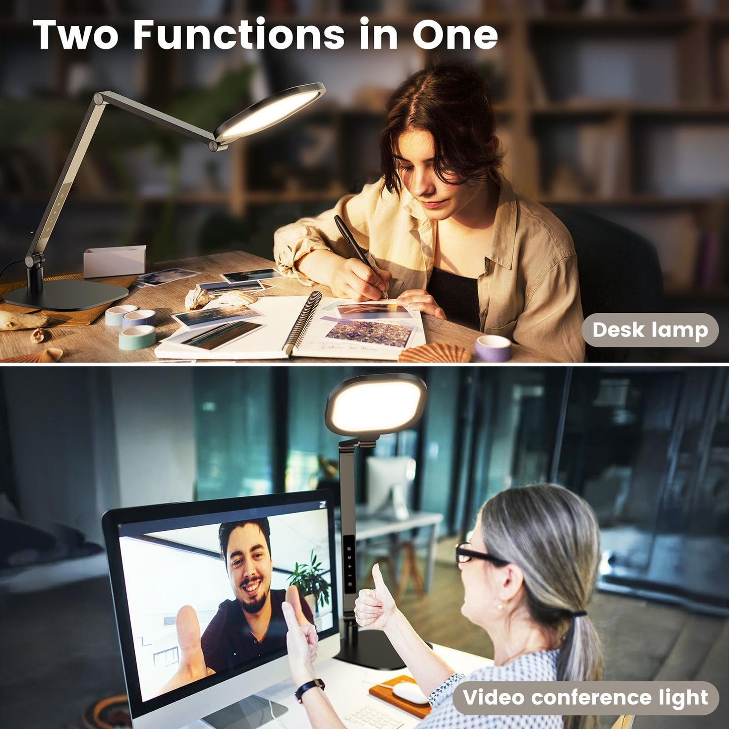 LitONES LED Desk Lamp for Home Office, 15W Computer Zoom Lighting with Swing Arm, Memory & Timer Function, Dimmable Desktop Ring Light for Video Calls, Conference, Reading, Streaming, Podcasting