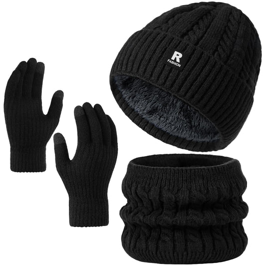 Winter Beanie Hat Scarf Gloves Set for Men Women, Warm Winter Clothes for Men, Slouchy Fleece Lined Mens Hats Skull Cap, Knit Scarf Neck Warmer Touchscreen Gloves for Men Women