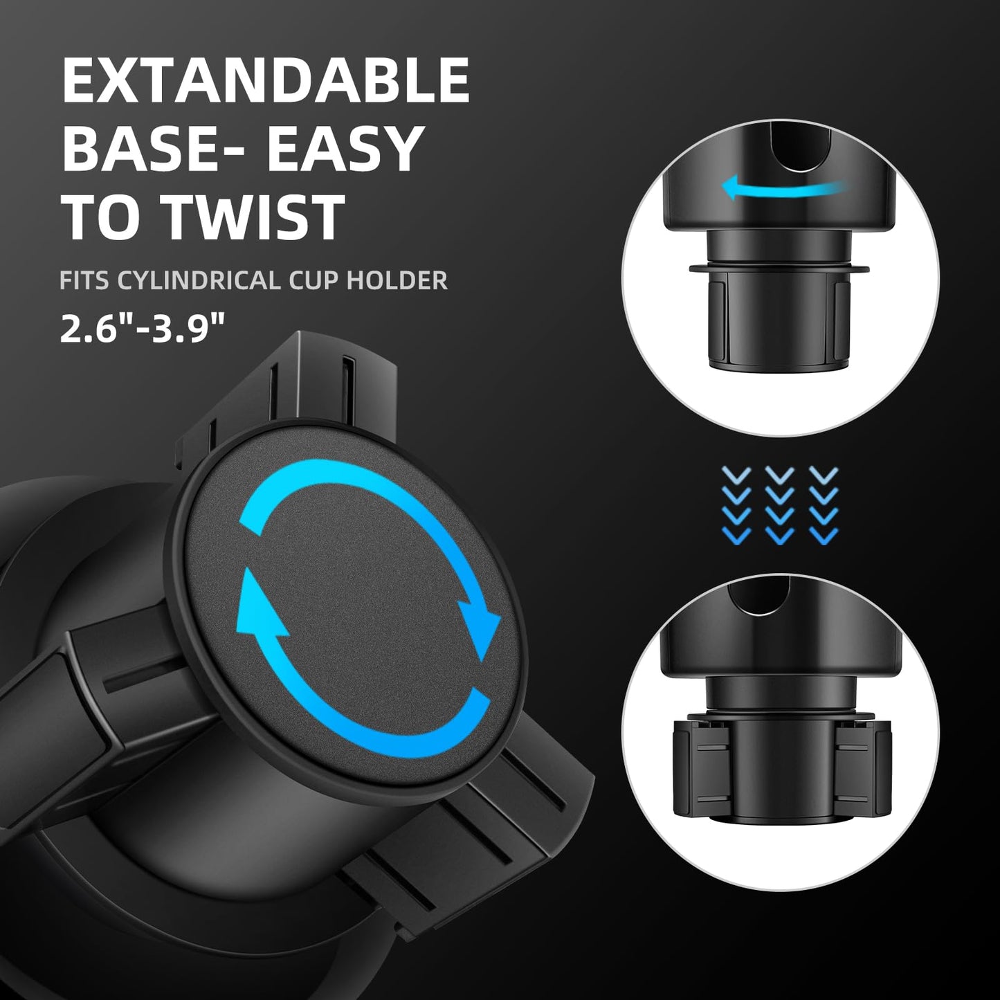 TYKOR Car Cup Holder Expander, Cup Holder Extender for Car with Adjustable Base, Fits Yeti 24/36/46oz, Hydroflask 32/40oz, Large Bottles in 3"-3.9" (16-40oz)