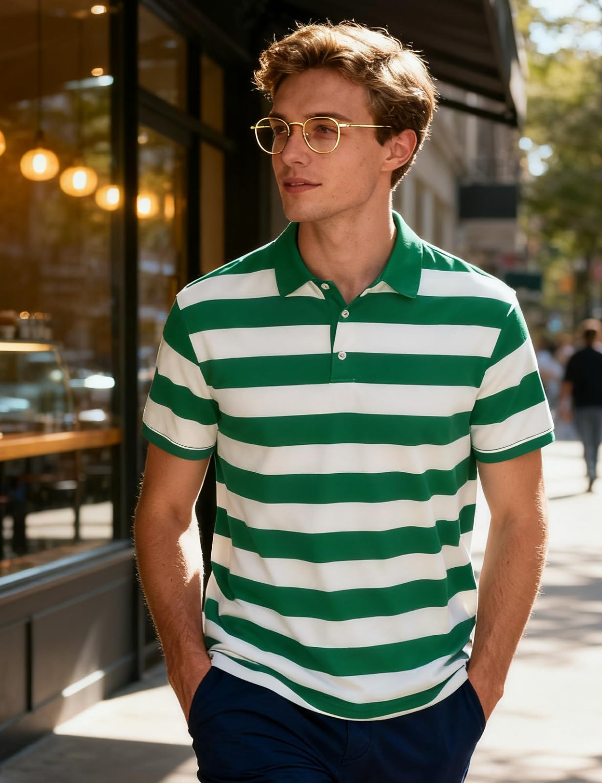 Funny World Green and White Striped Irish Polo Shirt for Men Cotton Short Sleeve St Patricks Day Striped Golf Shirts, Green and White, Medium