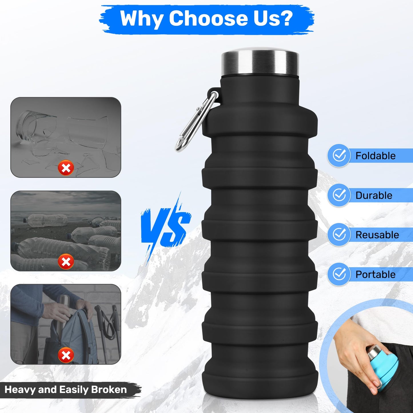 Rotayi Collapsible Water Bottle, 16oz Portable Reusable Silicone Water Bottle, BPA-Free Leak-Proof Foldable Design with Carabiner, Lightweight Durable for Gym, Travel, Camping, Hiking, Sports-Black