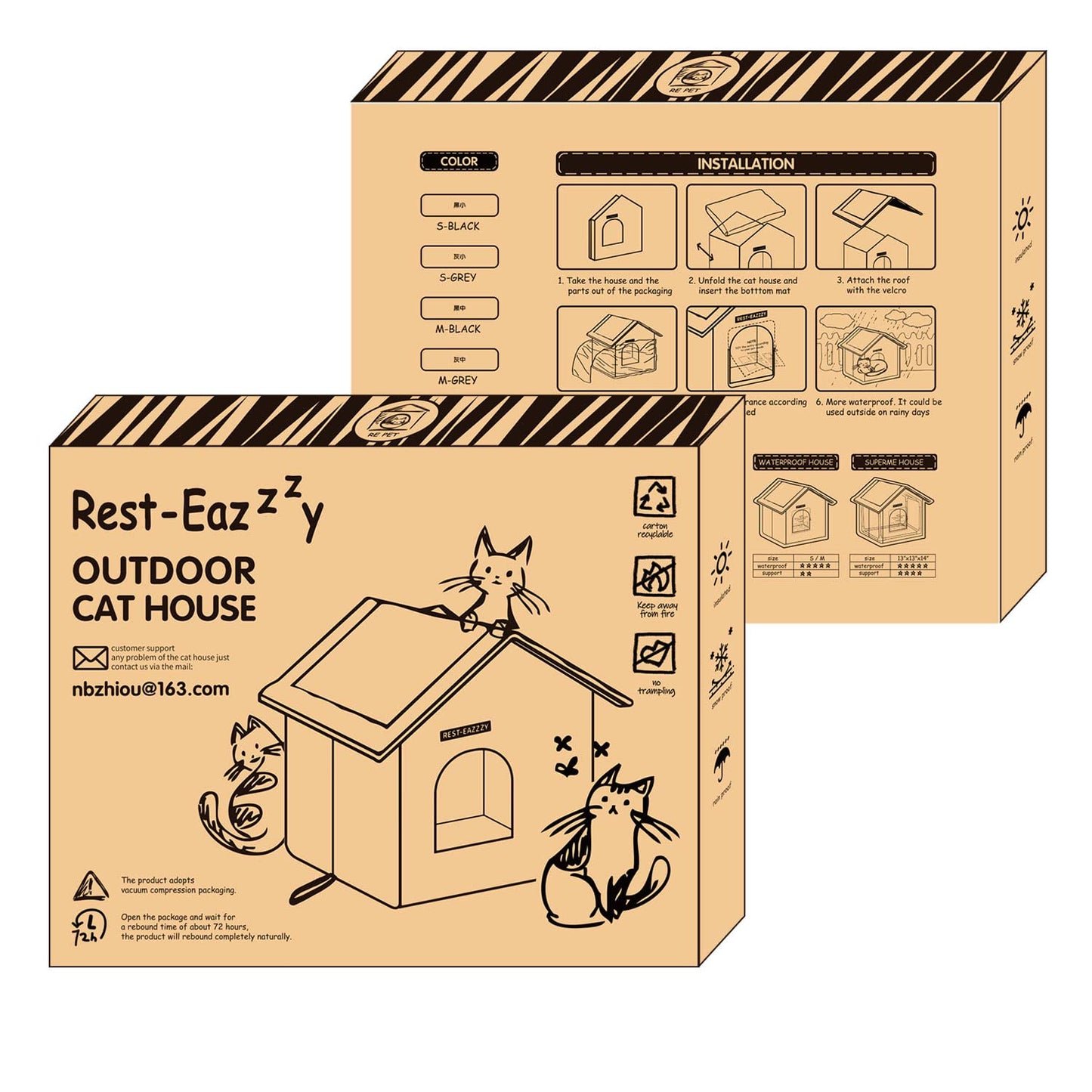 Rest-Eazzzy Cat House for Outdoor Cats, Weatherproof and Insulated Feral Cat House with Mat and Clip, Easy to Put Together, Selfwarming Cat Shelter for Winter(Grey, Waterproof House-S)