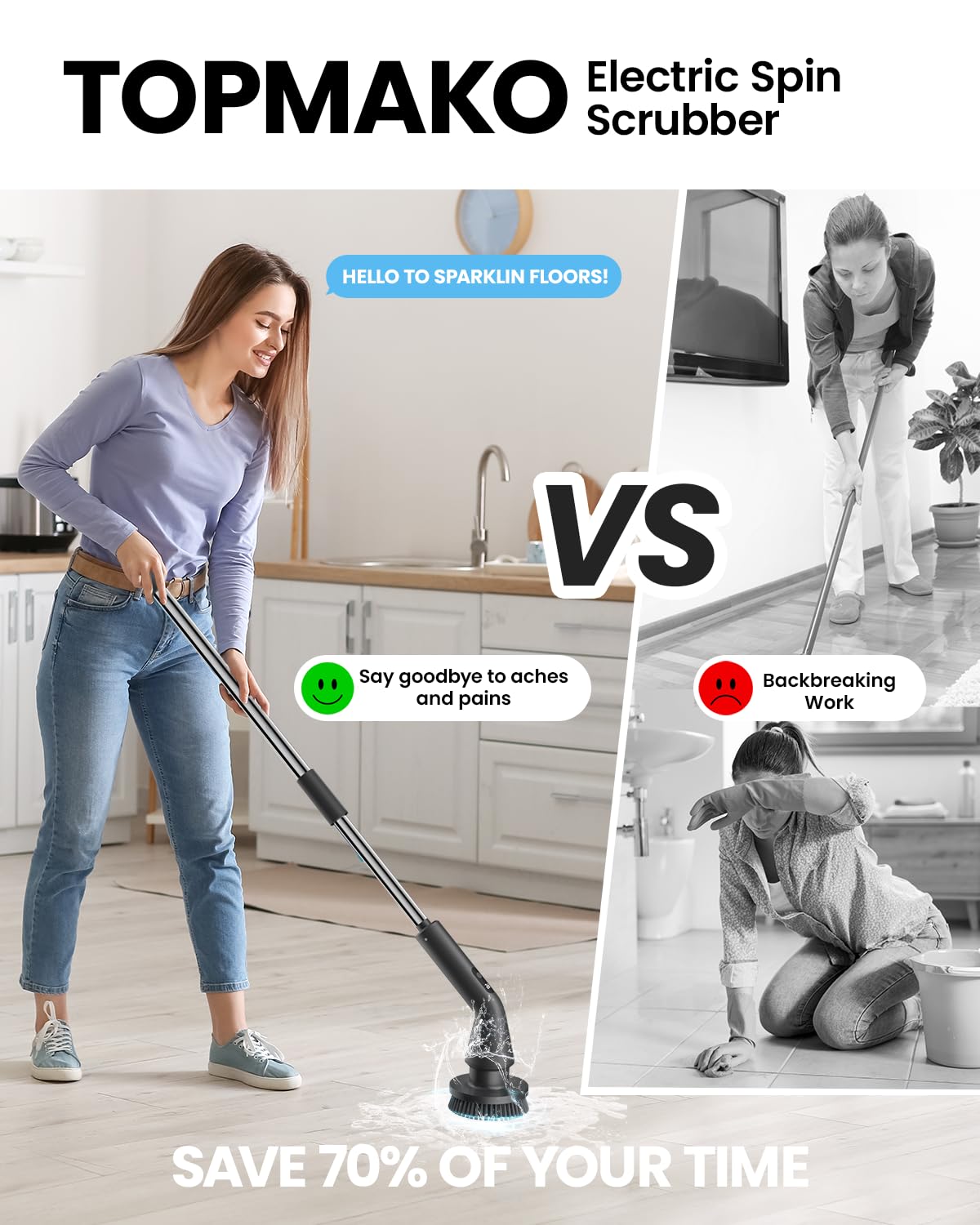 Topmako Electric Spin Scrubber, 2025 New Cordless Cleaning Brush for Home, IPX7 Waterproof Spin Scrubber with 7 Brush Heads, Adjustable Long Handle and 2 Rotating Speeds for Bathroom Tub Floor