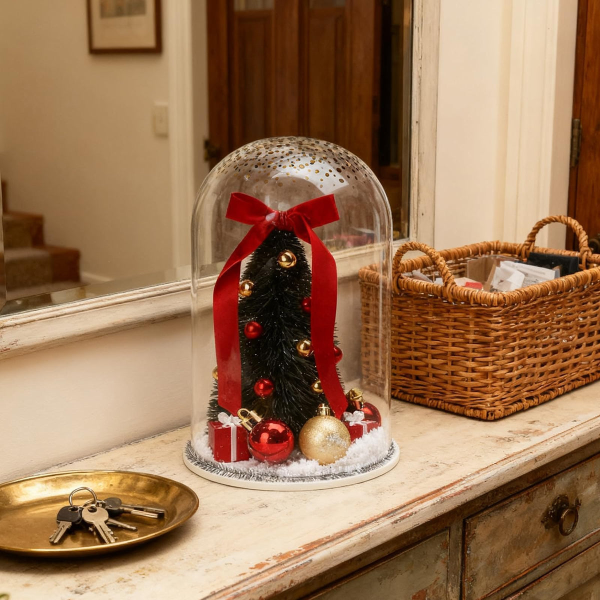 Christmas Decorations Table Centerpieces, Christmas Tree with Ornaments in Dome Cloche, Xmas Winter Tabletop Decor for Tiered Tray Shelf Mantel Fireplace Coffee Table Office Desk Holiday Decoration
