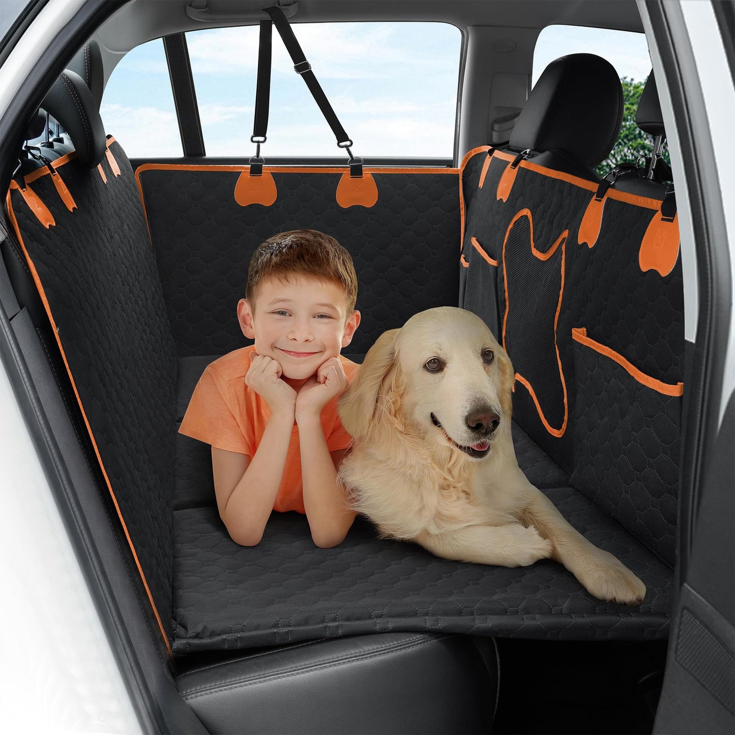 Rengue Dog Car Seat Cover for Back Seat, Pets Protector Hammock Waterproof Back Seat Extender with Mesh Window and Storage Pocket Dog Car Hammock with Universal Size for Cars/Trucks/SUV