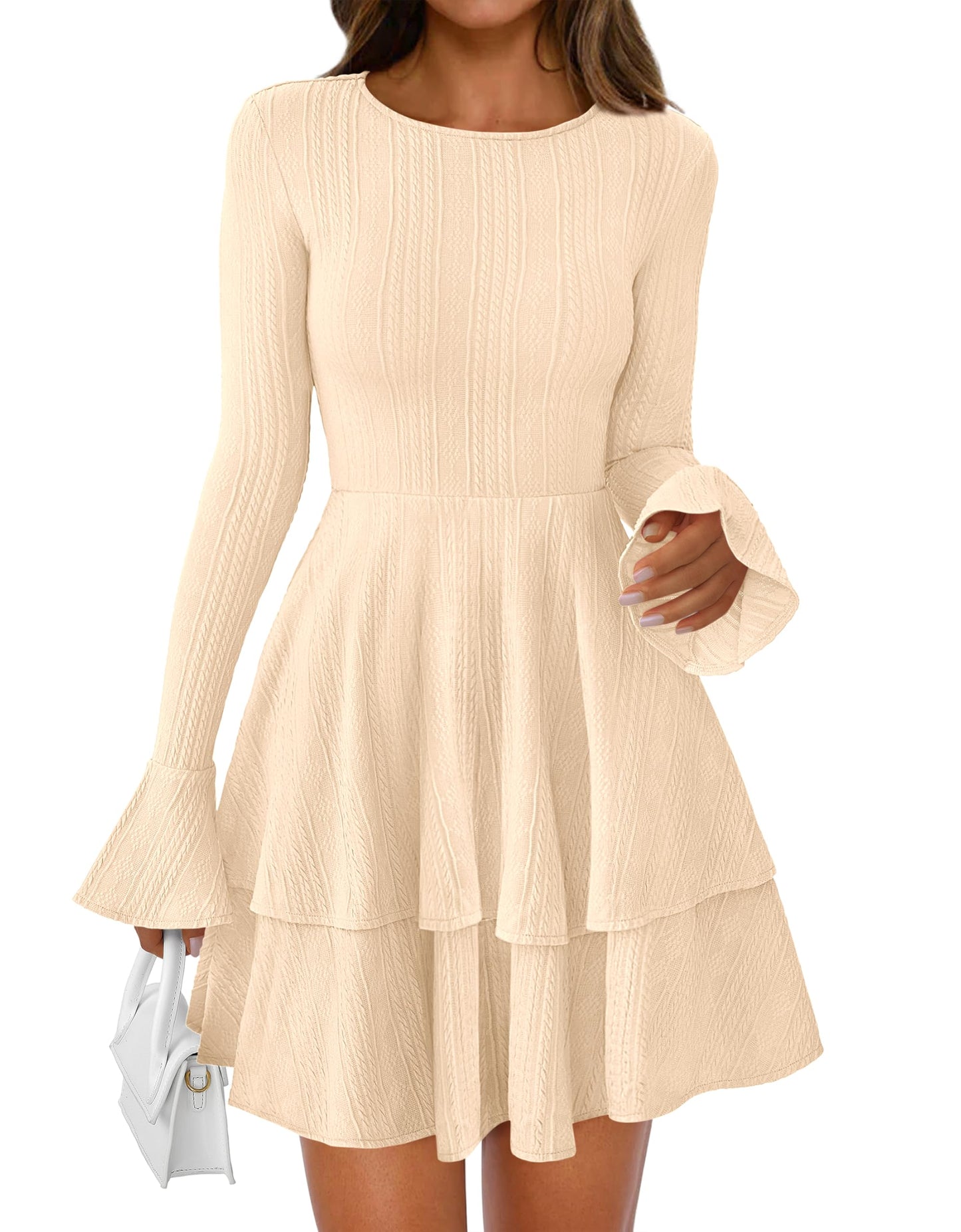 PRETTYGARDEN Womens Fall Fashion 2025 Long Bell Sleeve Mini Sweater Dress Casual Crewneck A Line Knit Short Cocktail Dresses(Beige,Medium)