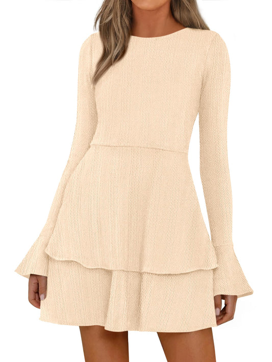 PRETTYGARDEN Womens Fall Fashion 2025 Long Bell Sleeve Mini Sweater Dress Casual Crewneck A Line Knit Short Cocktail Dresses(Beige,Medium)