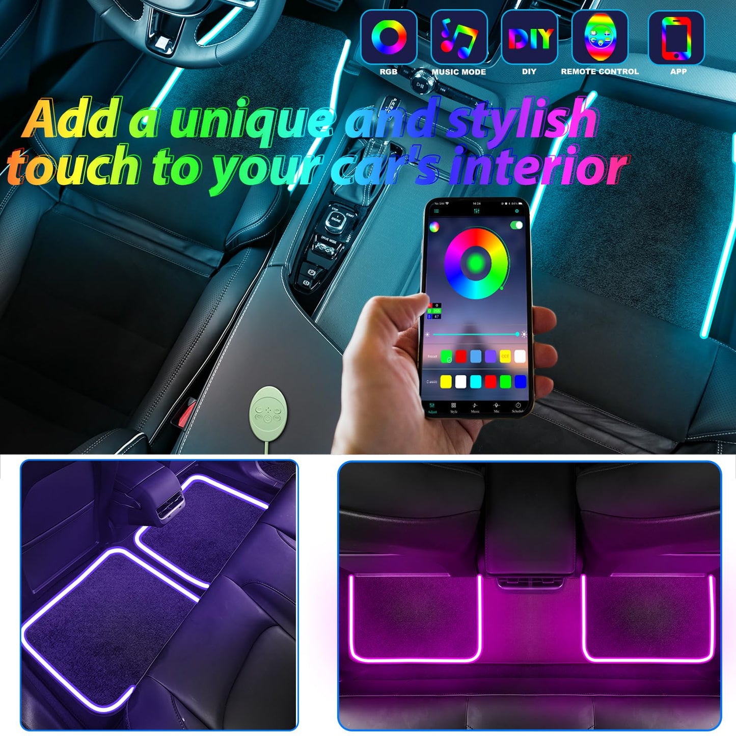 Soft Car Floor Mats With Led Strip Light, Universal Fit Black Automotive Carpet, App Control Interior Car Lights Floor Mats, Anti-Slip Waterproof RGB Car Decor Accessories For SUV, Trucks, Sedan,Jeeps