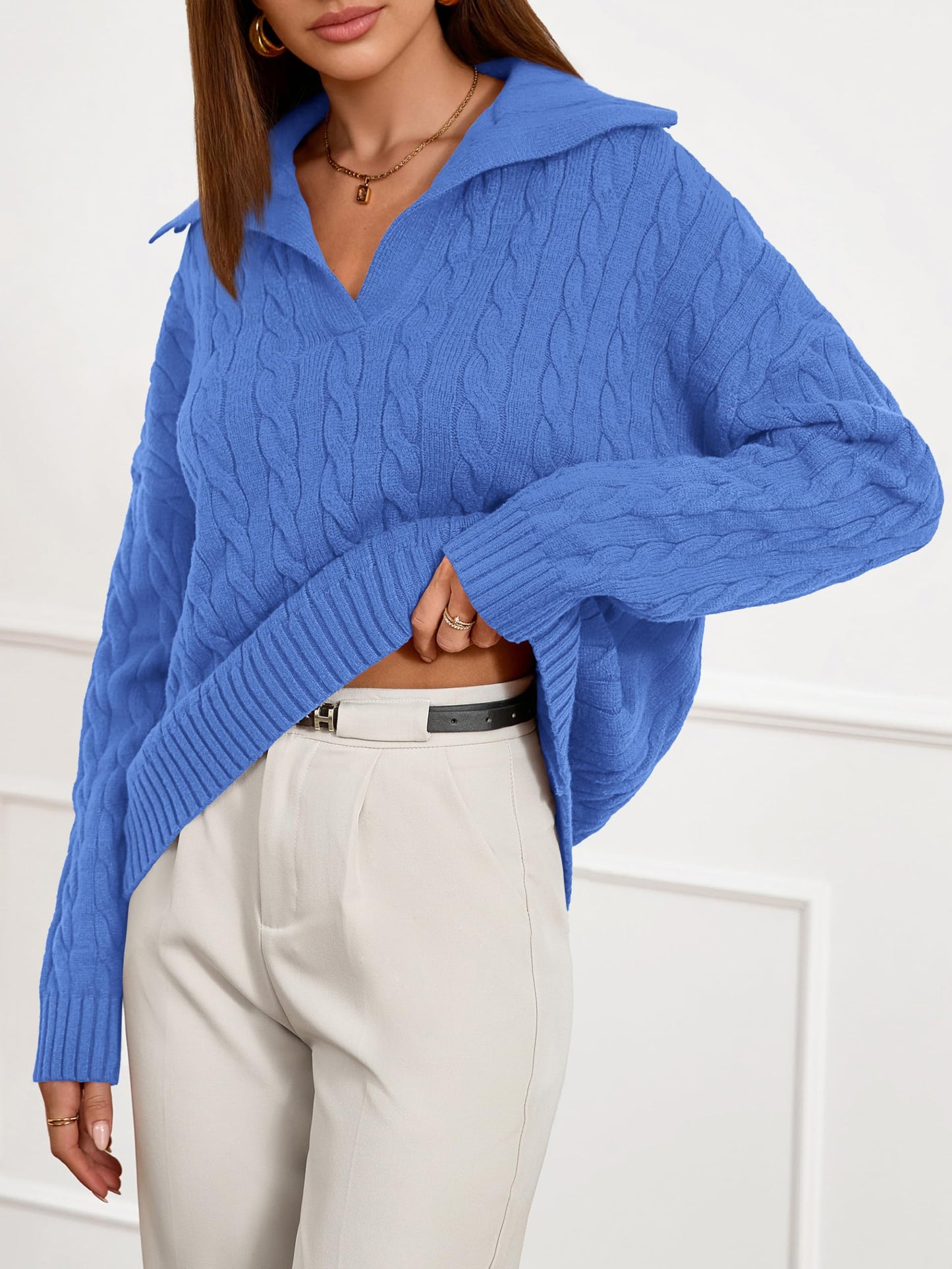 PRETTYGARDEN Fall Cable Knit Oversized Sweaters for Women 2025 Polo V Neck Long Sleeve Casual Chunky Sweater Pullover Tops(Blue,Small)