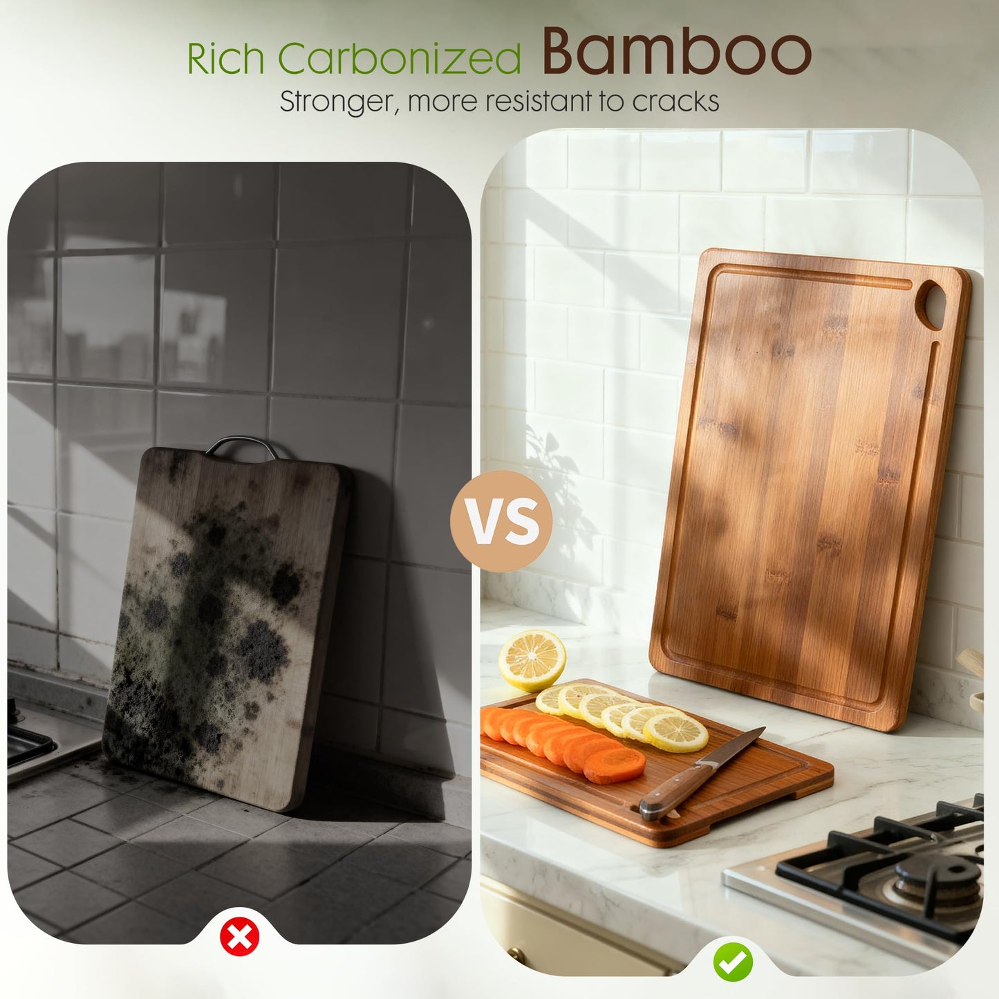 Astercook Deep-Carbonized Bamboo Cutting Boards for Kitchen with Wood Storage Stand,