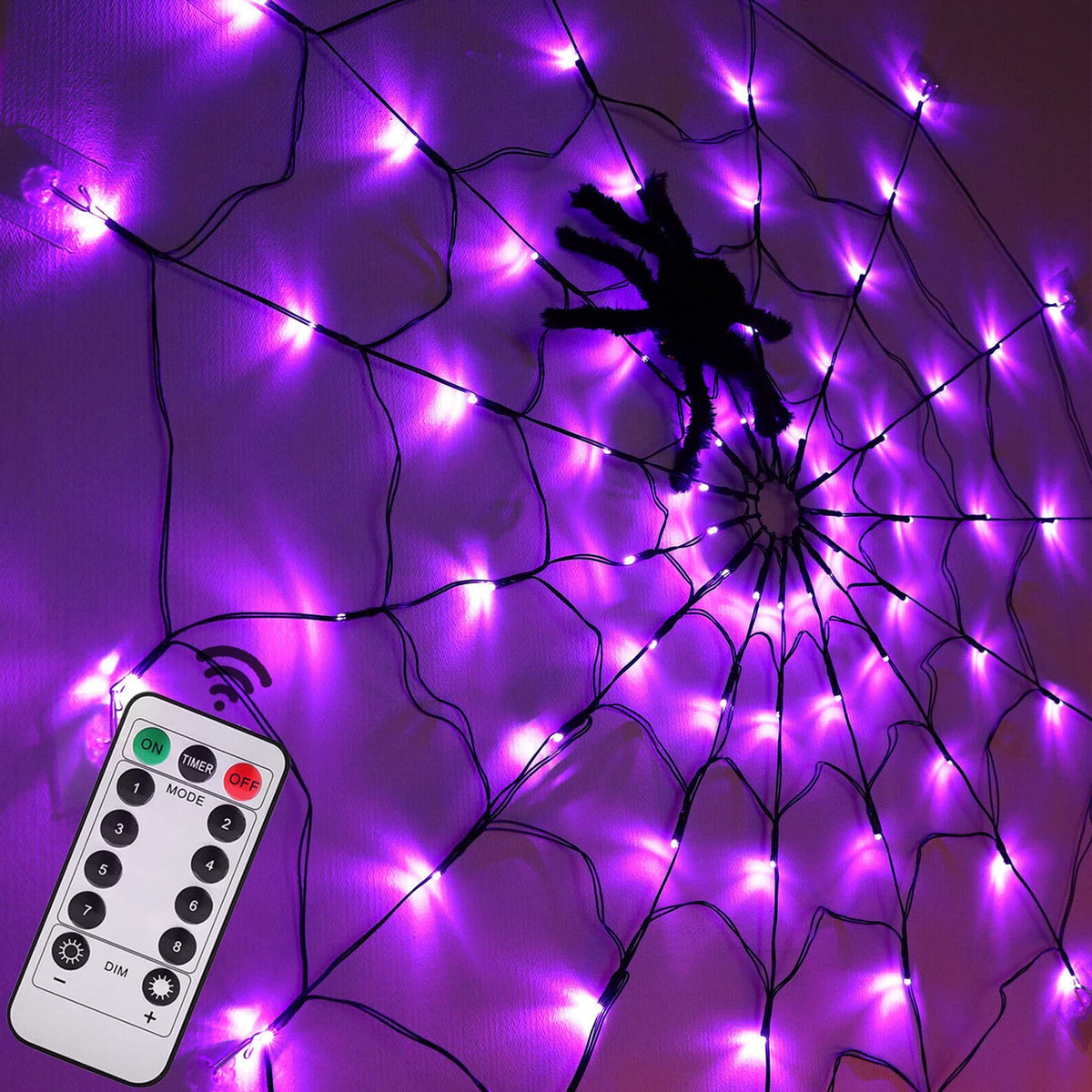 Halloween Decorations Spider Web Lights - 4FT Diameter 70 LEDs with Black Spider, Waterproof Net Lights, Remote Control, 8 Modes Cobweb Halloween Decorations for House Garden Indoor Outdoor (Purple)