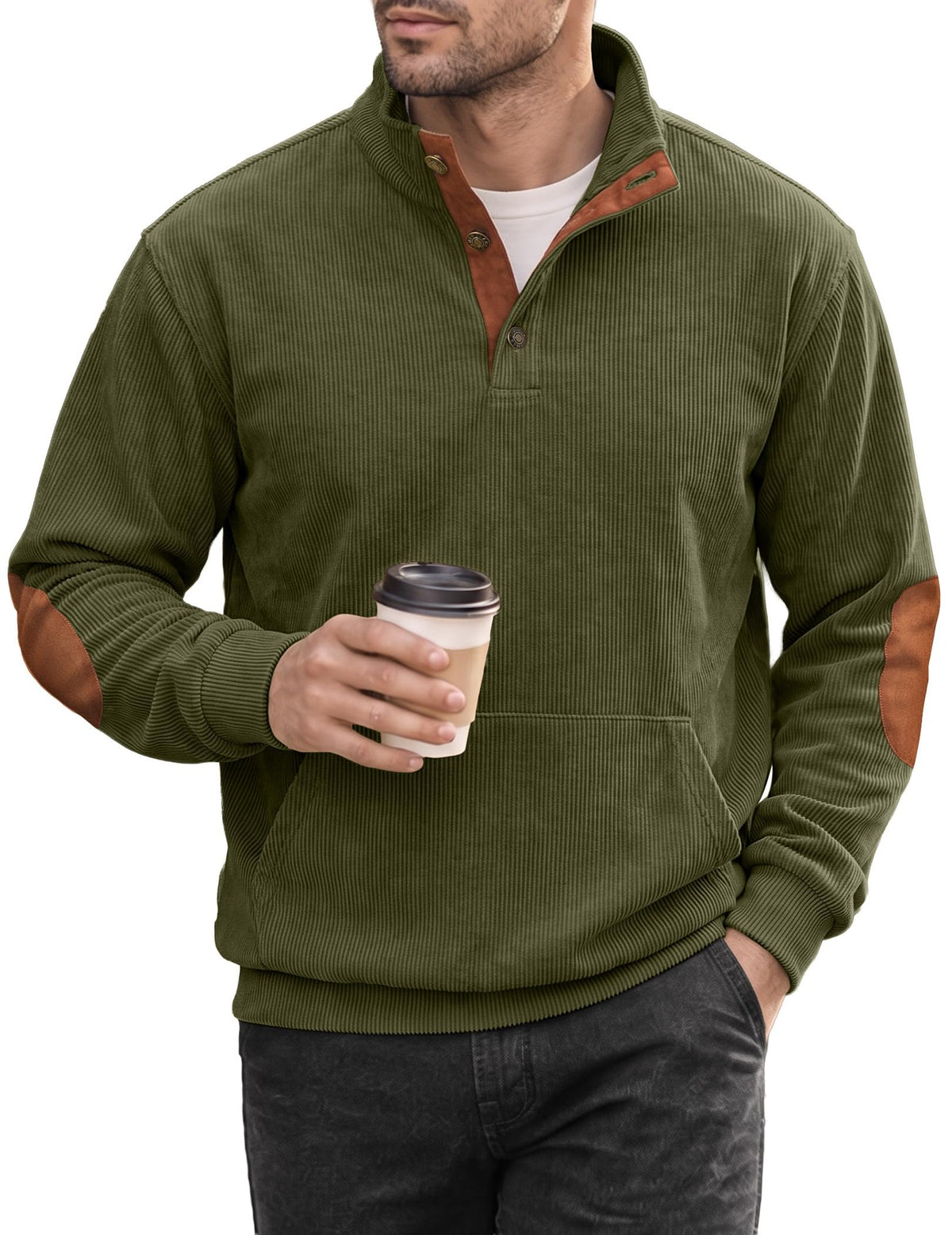 JMIERR Men's Corduroy Sweatshirt Quarter Button Pullover, Green, XL