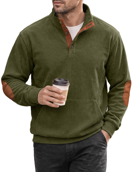 JMIERR Men's Corduroy Sweatshirt Quarter Button Pullover, Green, XL