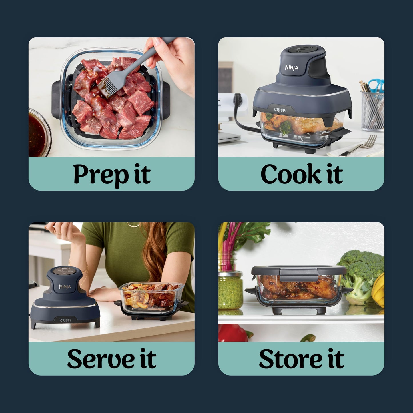 Ninja Crispi 4-in-1 Portable Glass Air Fryer Cooking System, 1500W, 4QT & 6-Cup TempWare Glass Containers with Storage Lids, Microwave, Freezer & Dishwasher Safe, Cyberspace Gray, FN101GY