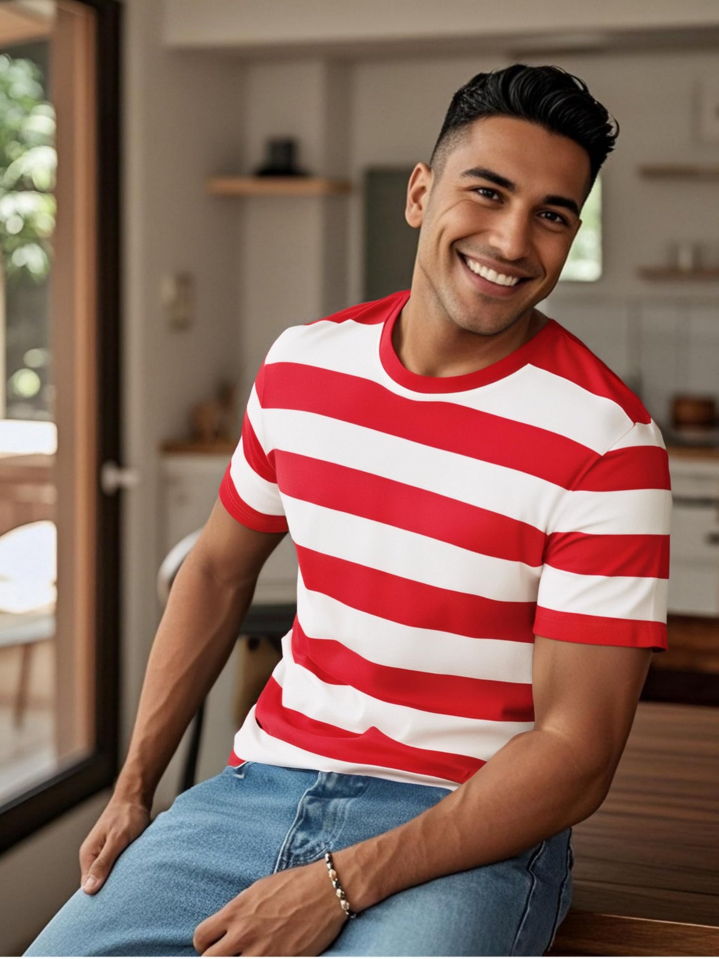 Funny World Mens Red and White Striped Shirt Cotton Short Sleeve Casual T-Shirts, Red and White, 3X-Large