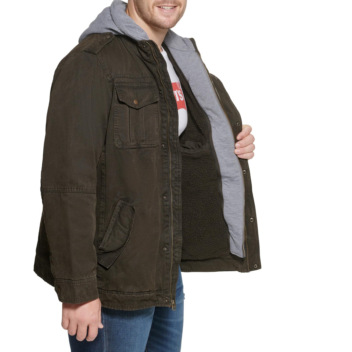 Levi's Men's Washed Cotton Military Jacket with Removable Hood, Dark Brown, Large Tall