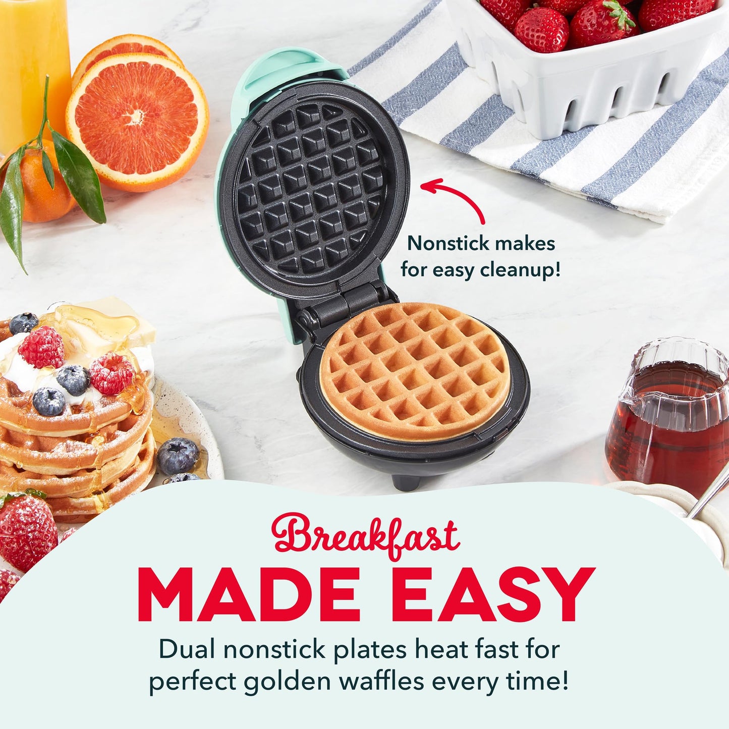 DASH Mini Waffle Maker - 4” Waffle Mold, Nonstick Waffle Iron with Quick Heat-Up, PTFE Nonstick Surface - Perfect Mini Waffle Maker for Kids and Families, Just Add Batter (Aqua)