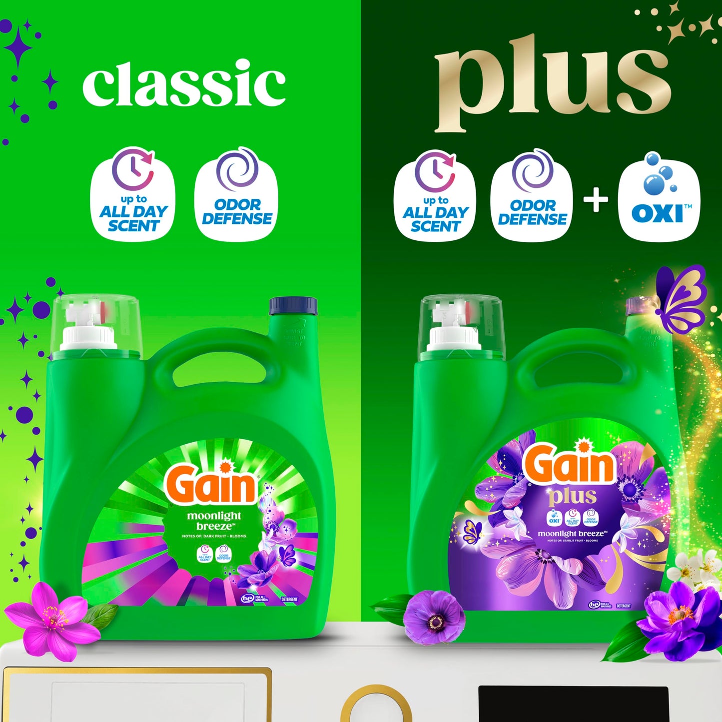 Gain Plus Liquid Laundry Detergent, Cleaner, Fresher, Now with Oxi, Moonlight Breeze Scent, 99 fl oz, 75 Loads