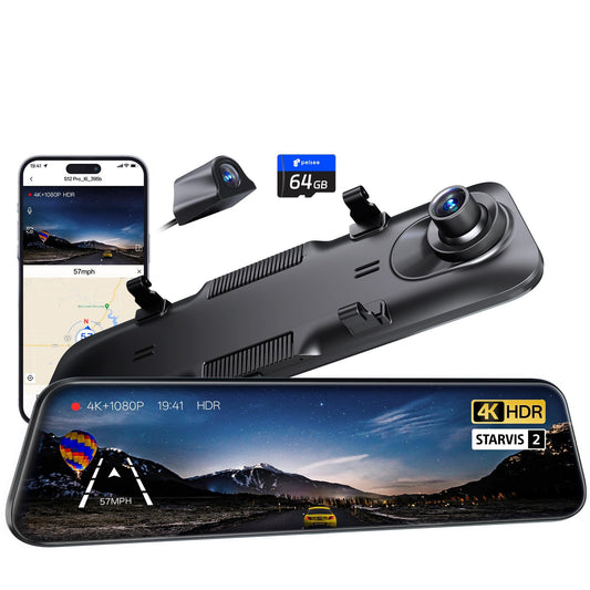Pelsee S12 Pro Mirror Dash Cam with STARVIS 2 Sensor, Rear View Mirror Camera 5.8GHz WiFi, 4K Front and 1080P Rear Backup Camera for Car, ADAS &BSD, Voice Control, Color Night Vision, 64G Meomory Card