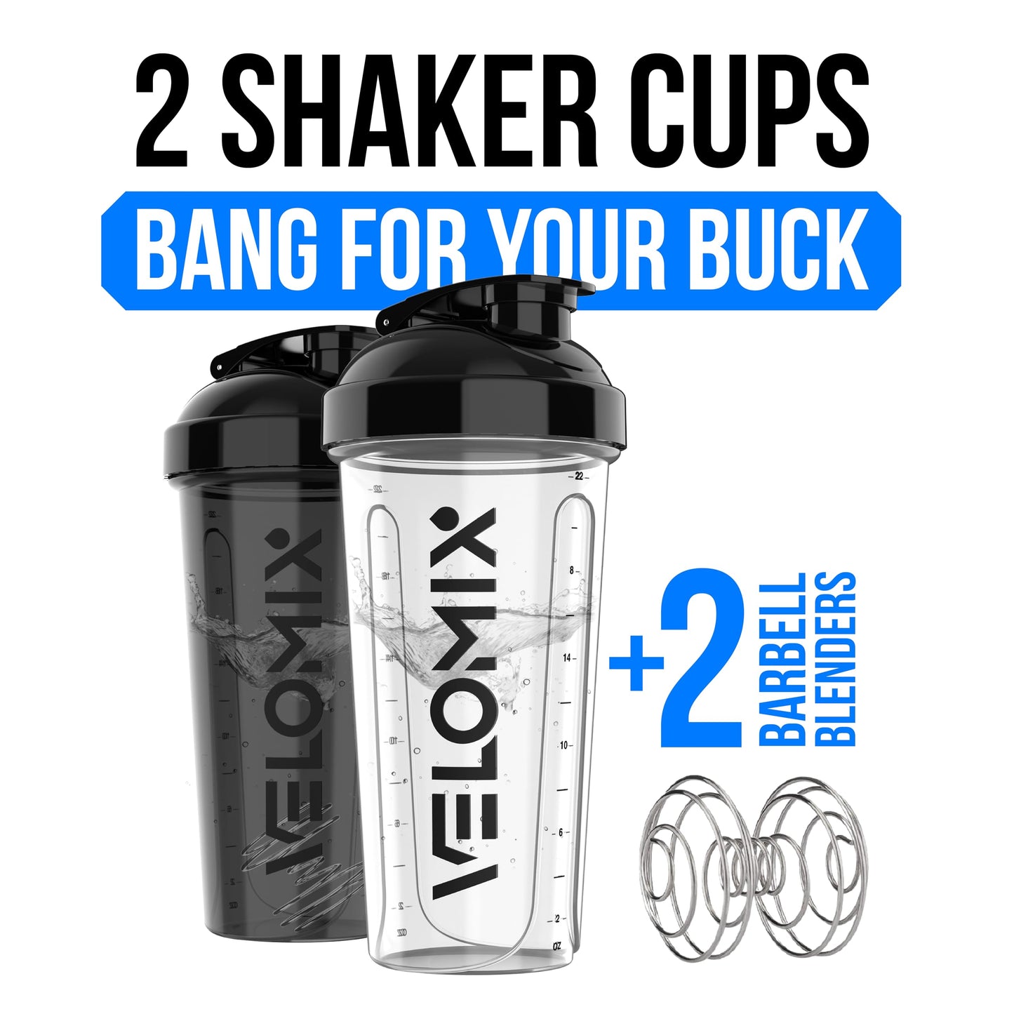 VELOMIX -2 Pack- 28 oz Protein Shaker Bottles for Protein Mixes - 2x Wire Whisk | Leak Proof Shaker Cups for Protein Shakes | Protein Shaker Bottle Pack (Black/Transparent)