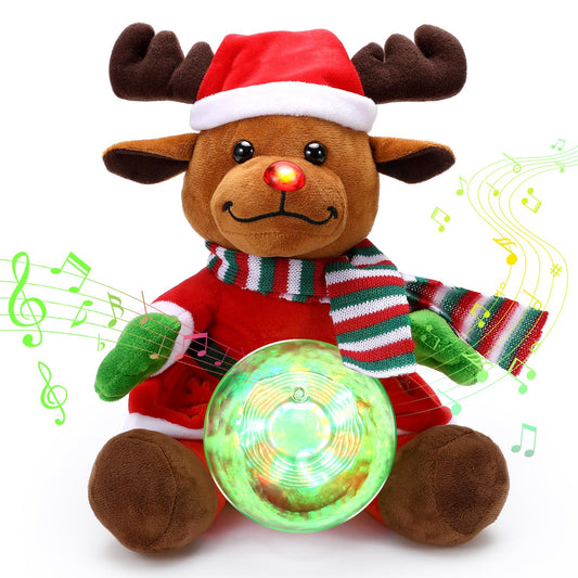 Laelr Singing Glowing Christmas Elk Toy 10'' Christmas Elk Stuffed Animal Plush Toy with Music Snow Globe and LED Lights Christmas Ornaments Musical Doll for Birthday Festivals Gifts for Boys Girls