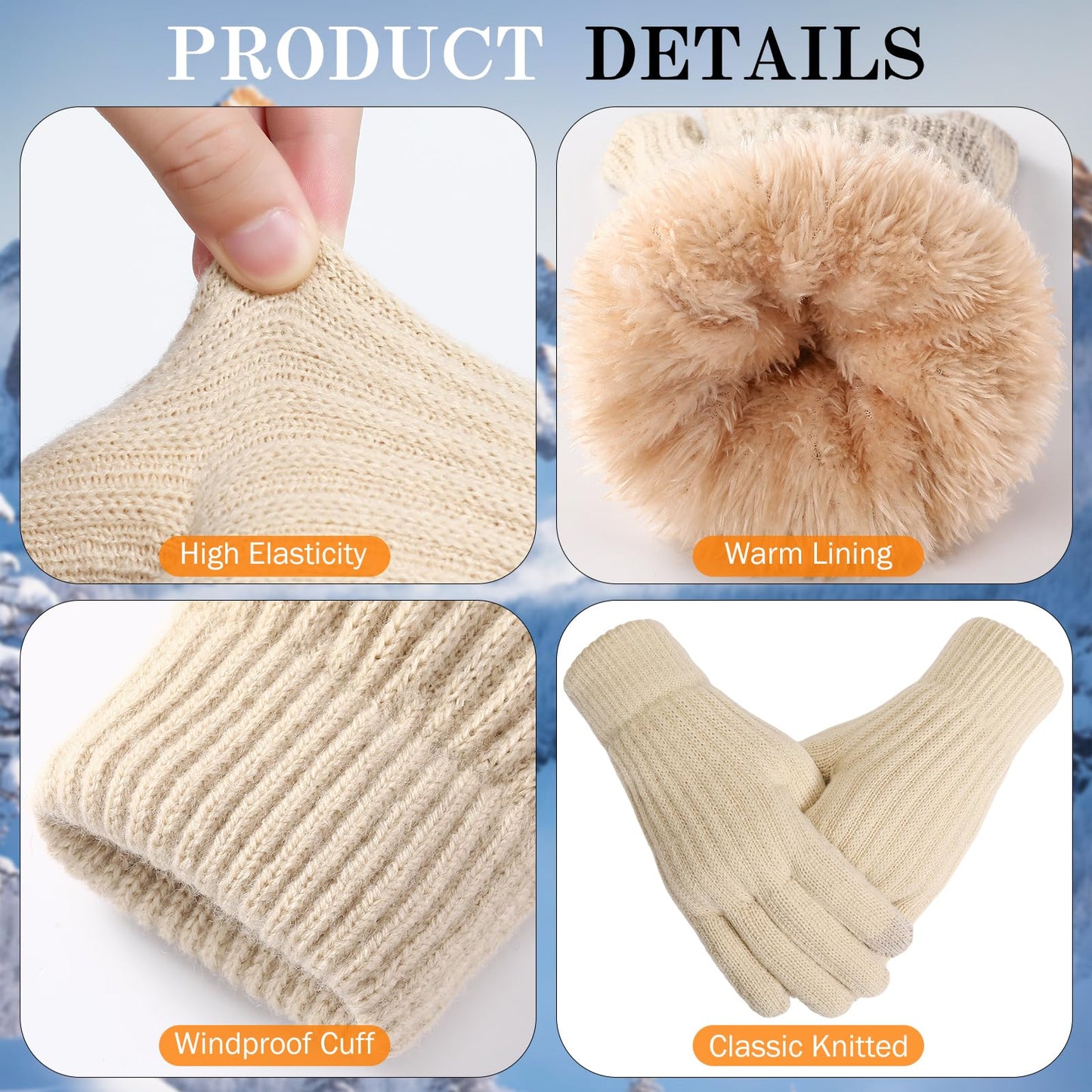 Loiyadn Winter Gloves Women - Gloves for Cold Weather Thermal Womens Glove Touch Screen Elastic Vertical Stripe Fleece Liner Knit Glove for Women Men - Beige 1 Pack