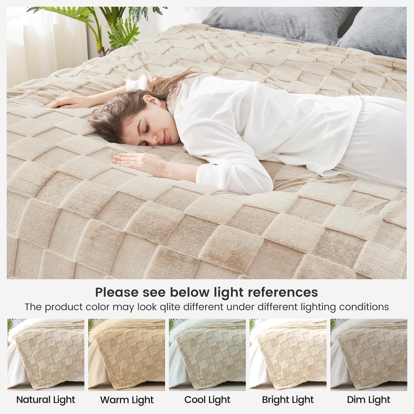 Cozy Bliss Checkered Faux Rabbit Fur Blanket King Size for Bed, Soft Fuzzy Blankets for Women Men, Large Furry Fleece Throw for Bedroom Decor (Tan, 108" x 90")