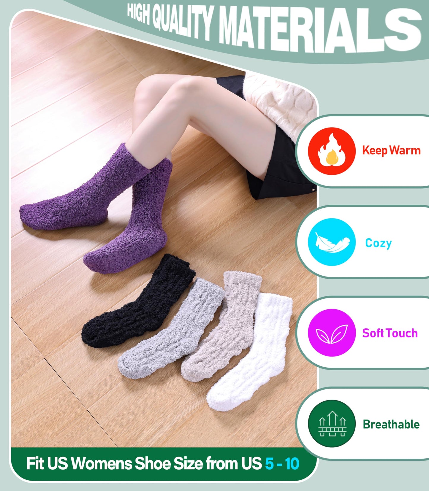 DOSKONI Fuzzy Socks for Women Fluffy Slipper Socks Cozy Winter Warm Soft Microfiber Plush Home Sleeping Gift Socks 5 Pairs Color A